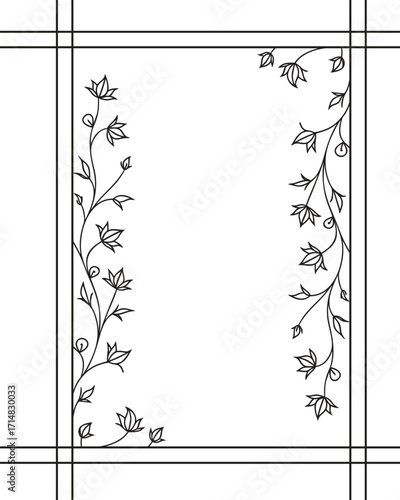 Elegant floral border design with leaves and vines. Decorative black and white frame template for invitations, greeting cards, or certificates. Minimalist botanical outline style artwork.