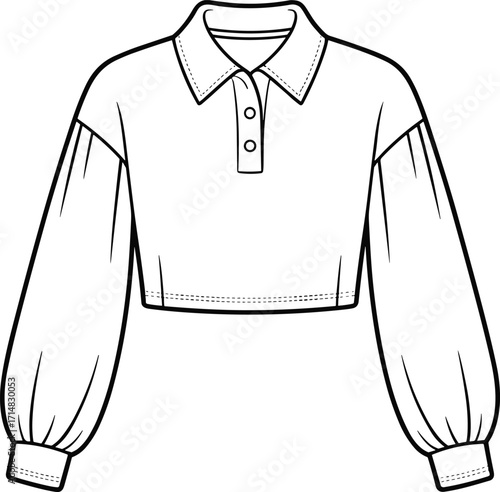 women, blouse, cropped, long, sleeve, collared, button, fashion, apparel, clothing, garment, template, vector, sketch, design, shirt, illustration, style, casual, chic