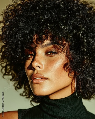Close-up Portrait of a Woman with Dark Curly Hair and Freckles: Natural Beauty, Brown Eyes, Black Turtleneck, Glowing Skin, Fashionable