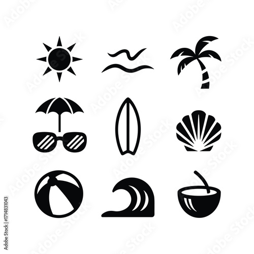 Collection of nine black summer vacation icons for beach travel relaxation and fun activities