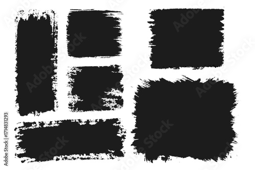 Vector black paint brush spots, Hand drawn Ink brush strokes texture. Black grunge rectangles. Square shape for text. Doodle rectangle pastel chalk elements. Brush frame box.