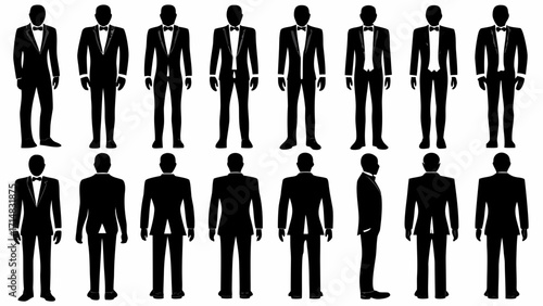 Sharp tuxedo silhouettes showcase formal wear styles for any elegant occasion or business event.