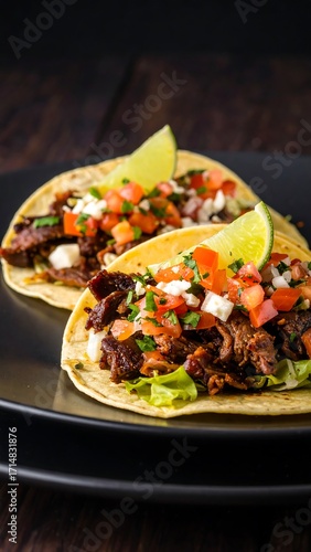 Two tacos on a dark plate