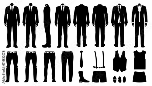Professional business attire collection showcasing suits, trousers, shirts, ties, and formal wear options.