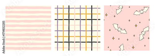 Set of playful and whimsical Halloween vector seamless patterns with cute bats, lines and grid. Spooky endless background collection with funny characters for holiday design. Flat cartoon illustration