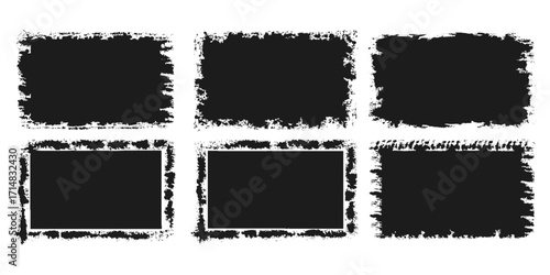 Vector black paint brush spots, Hand drawn Ink brush strokes texture. Black grunge rectangles. Square shape for text. Doodle rectangle pastel chalk elements. Brush frame box.