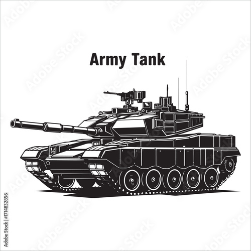 Powerful Black and White Army Tank silhouette Illustration vector; Military Vehicle Graphic Design , strong and serious mood