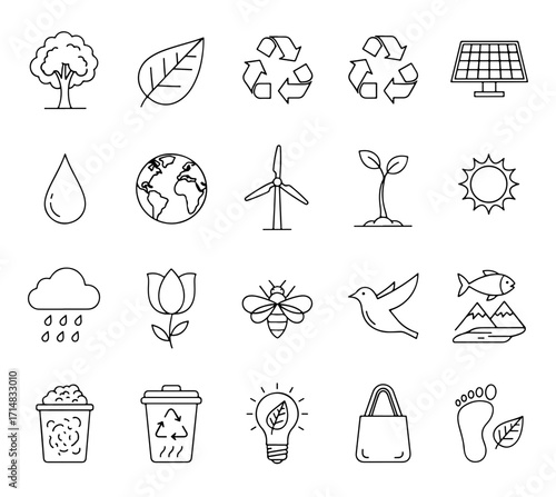 A collection of ecology icons, representing various elements of nature, sustainability, and environmental conservation efforts