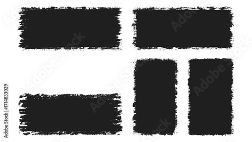 Vector black paint brush spots, Hand drawn Ink brush strokes texture. Black grunge rectangles. Square shape for text. Doodle rectangle pastel chalk elements. Brush frame box.