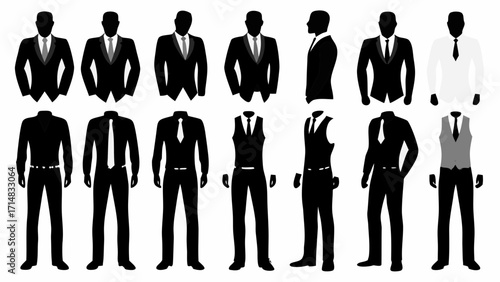 Modern professional attire silhouettes for business and formal wear showcasing suits, shirts, vests, and ties