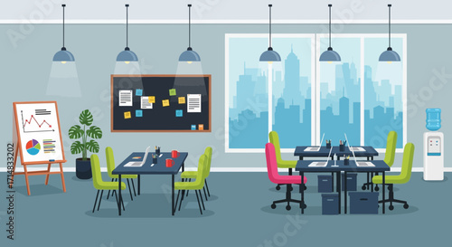 Modern office interior with furniture, including desks, chairs, whiteboard, water cooler, and city view through the window, creating a collaborative workspace