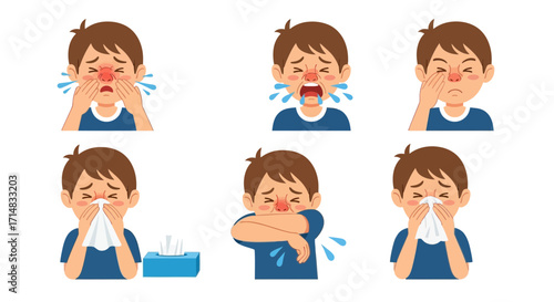 Set of cartoon boy showing cold and flu symptoms, including sneezing, coughing, runny nose, and sore throat