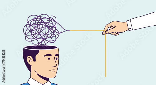 Untangling thoughts a persons head with tangled lines being pulled out, symbolizing problemsolving, clarity, and mental health improvement