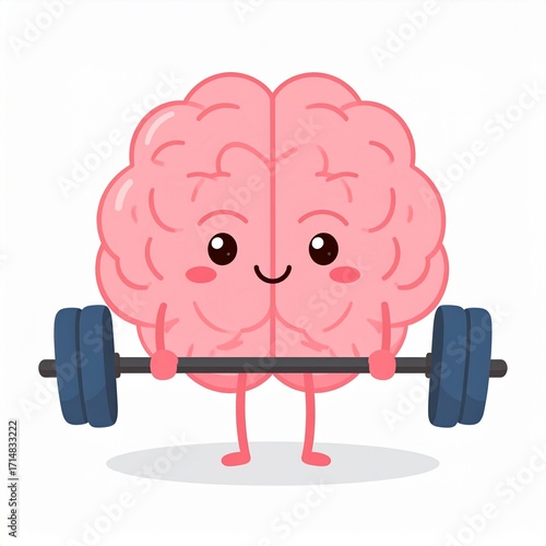 Happy cartoon brain character lifting a heavy barbell. A vector illustration concept for mental fitness, brain training, intelligence, and cognitive power