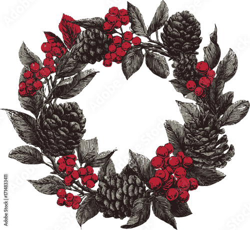 Pine cone wreath sketch, hand drawn with red berries and leaves — stock vector