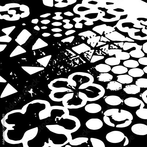 Monochrome floral tile pattern featuring abstract petal and leaf silhouettes with decorative geometric shapes.