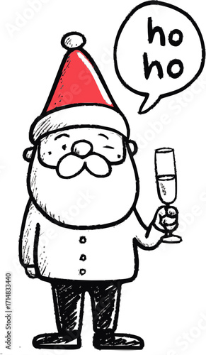 Santa Claus sketch hand drawn with champagne glass and speech bubble ho ho — stock vector