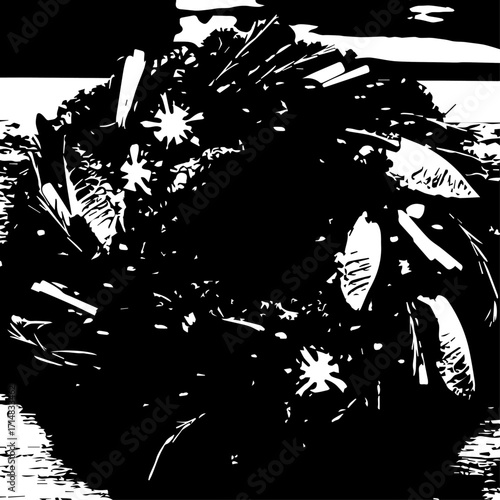 Monochrome floral arrangement featuring dark leaves and light petals with a high contrast still life composition.