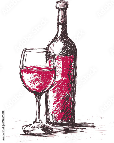 Red wine bottle and glass sketch hand drawn with textured shading — stock vector