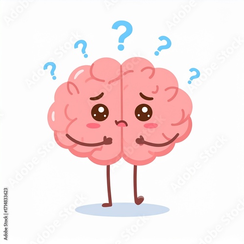 Cute cartoon brain character feeling confused and worried with question marks. Vector mascot for concepts of psychology, mental health, doubt, and brain fog
