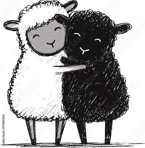 Sheep hand drawn sketch, white and black sheep hugging, cute friendship scene — stock vector