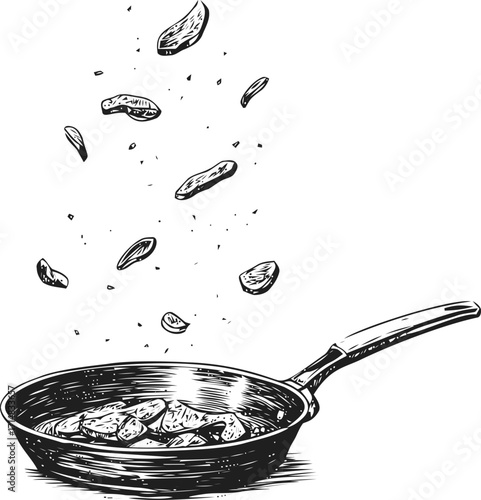 Frying pan sketch hand drawn with potato slices flying above — stock vector