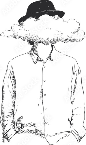 Man with cloud head sketch hand drawn surreal portrait in shirt and hat — stock vector