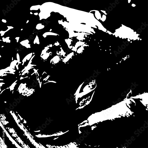 High-contrast black and white close-up of a dog with dramatic silhouette and detailed fur.