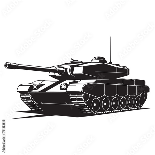 Powerful Black and White Army Tank silhouette Illustration vector; Military Vehicle Graphic Design , strong and serious mood