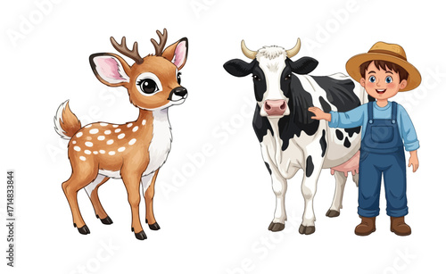 A cute deer and a cow with a farmer boy, they are ready for a day of fun and adventure on the farm