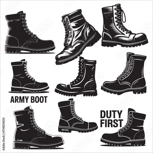 Vintage Black and White Army Boots silhouette vector:  Multiple Views, Rugged Style, Duty First Concept.