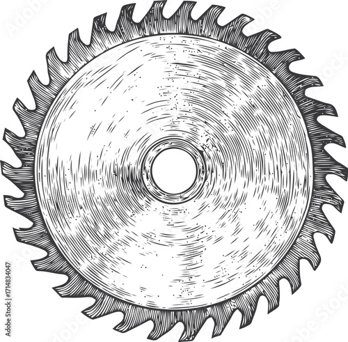 Circular saw blade sketch, hand drawn style, detailed woodworking tool illustration — stock vector