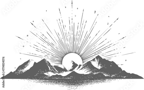 Mountain sunrise sketch hand drawn sun rays over rugged peaks landscape — stock vector