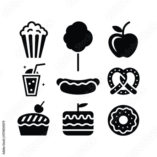 Collection of nine stylized food icons popcorn cotton candy apple drink hot dog pretzel cupcake cake donut.