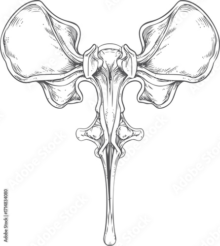 Pelvic bone sketch, hand drawn anatomical illustration of human pelvis and sacrum — stock vector
