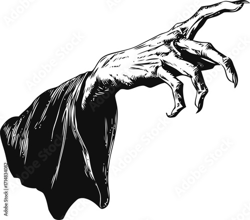 Creepy hand sketch, hand drawn style with long fingers and dark cloak — stock vector