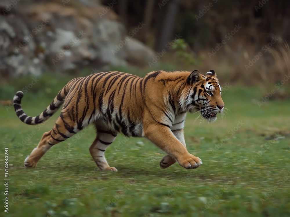 Obraz premium Running tiger on morning green field