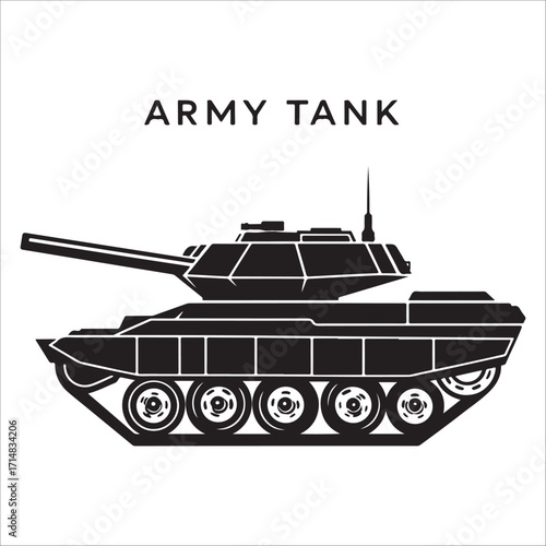 Powerful Black and White Army Tank silhouette Illustration vector; Military Vehicle Graphic Design , strong and serious mood