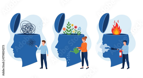Conceptual illustration of mental health, showcasing the process of clearing confusion, nurturing growth, and managing stress