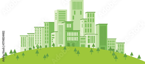 Eco-friendly green cityscape vector with modern buildings, trees, and hill, symbolizing sustainable urban development and environmental harmony