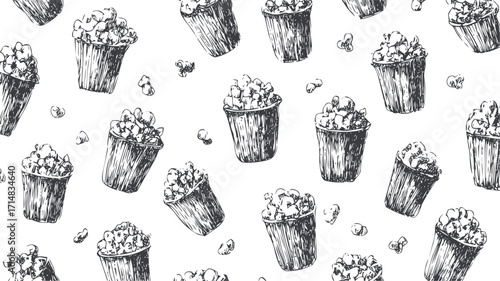 Popcorn buckets seamless pattern sketch hand drawn snack food background — stock vector