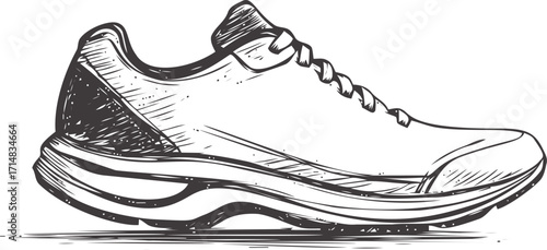 Running shoe sketch hand drawn side view with detailed sole and laces — stock vector