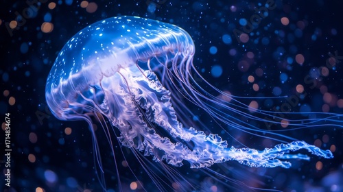 With their translucent, bell-shaped bodies and trailing tentacles, jellyfish drift with ocean currents, some species exhibiting bioluminescence. --ar 16:9 --v 6.1 Job ID: fde826bb-1c1a-43cc-b23c-dcf1f