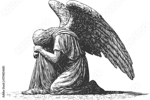 Weeping angel sketch hand drawn style mourning figure with wings kneeling in sorrow — stock vector