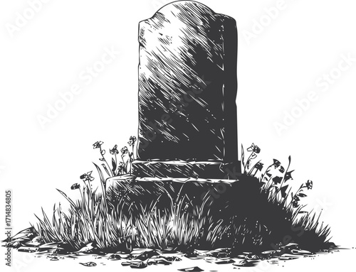 Tombstone sketch hand drawn with wild grass and flowers at grave site — stock vector