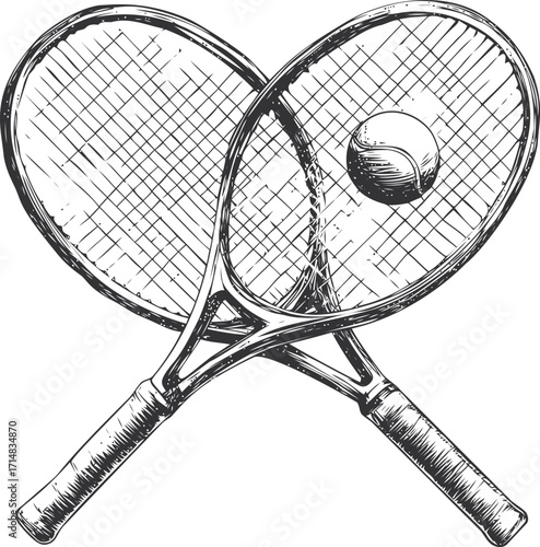 Tennis rackets sketch hand drawn with tennis ball overlapping strings — stock vector