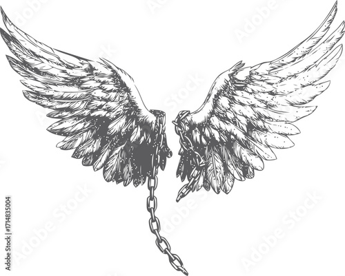 Angel wings sketch hand drawn with broken chain in vintage style — stock vector