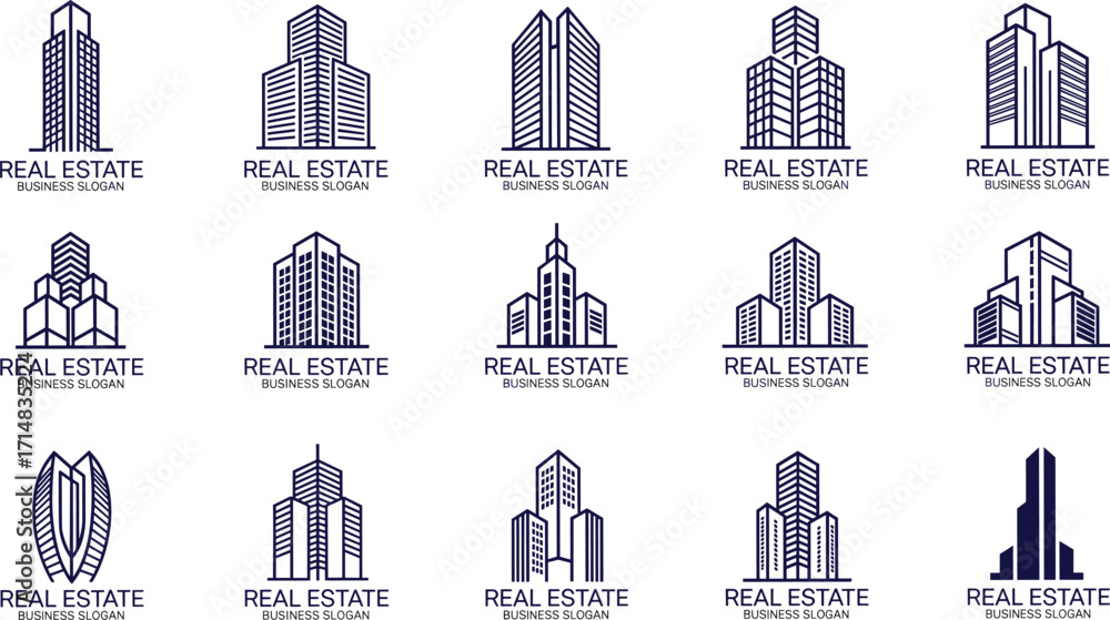 Fototapeta premium Set of 15 minimalist real estate logo icons featuring high-rise buildings and business slogans—ideal for property branding and design