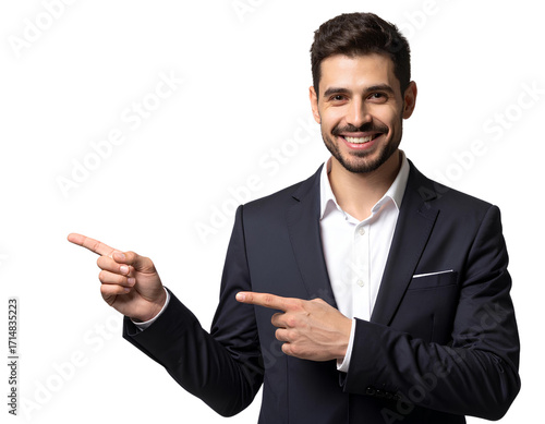 Man Smiling and Pointing Confidently, Dressed Smartly Against isolated on a transparent background.