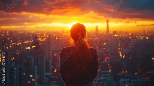 Woman Standing on a Rooftop Overlooking the City at Sunset (Cinematic, Dreamy, 8K, Soft Warm Light, Deep Focus on Cityscape) --ar 16:9 --stylize 750 --v 6.1 Job ID: 537be335-dab8-475c-9477-bdf6029c65f